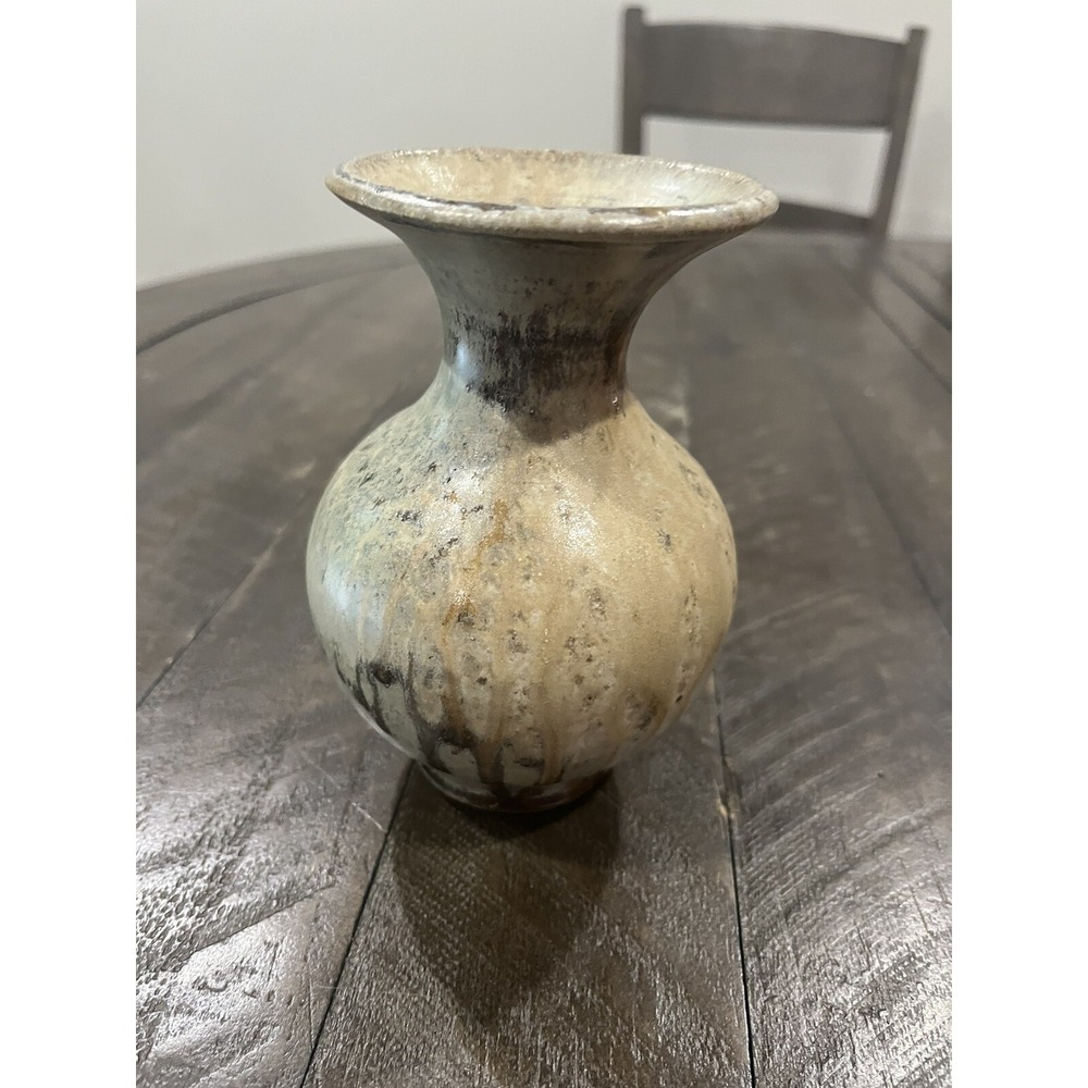 Vtg Dempsey Carpenter Stoneware‎ Fluted Vase Tan Grey Speckled Signed 1992 5.5” - Picture 5 of 8
